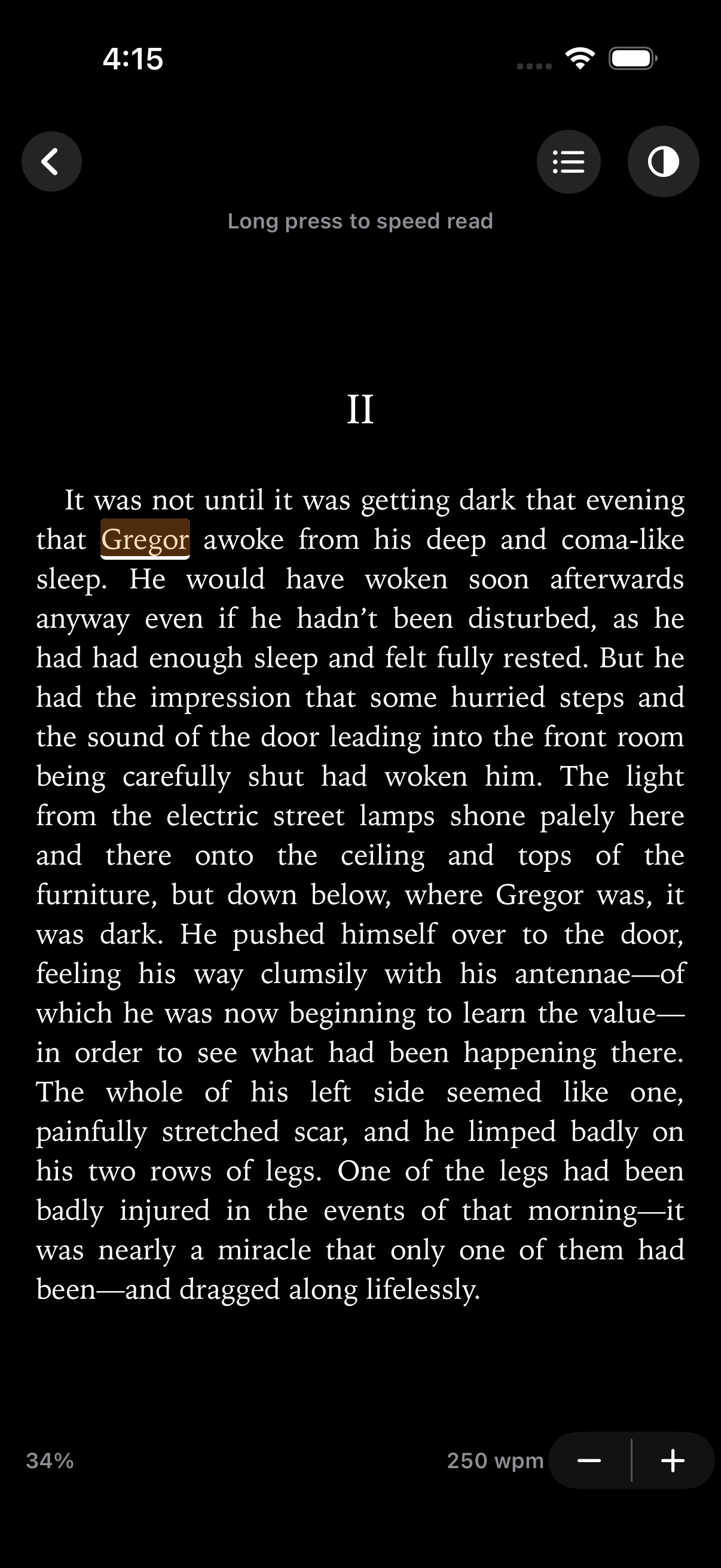 Regular dark-mode page reading with bookmark highlight