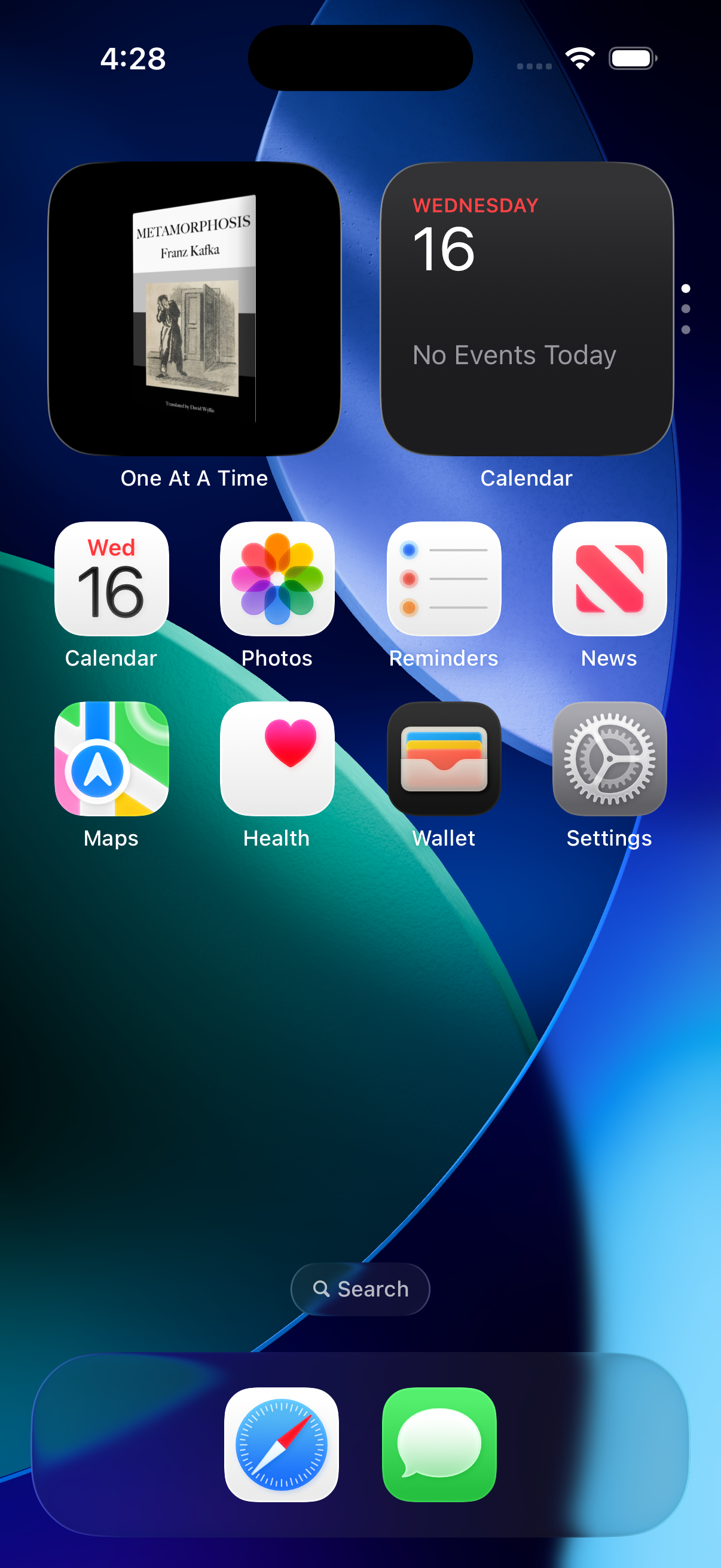 iPhone home screen with One At A Time book widget